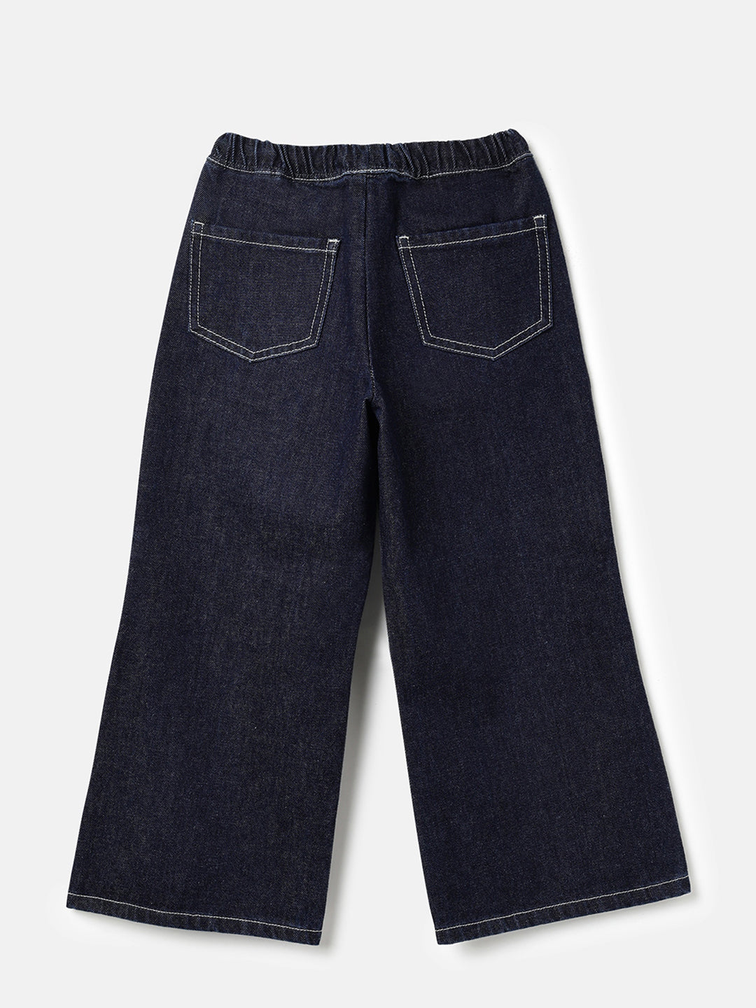 Girls Dark Blue Elasticated Wide Leg 100% Cotton Denim