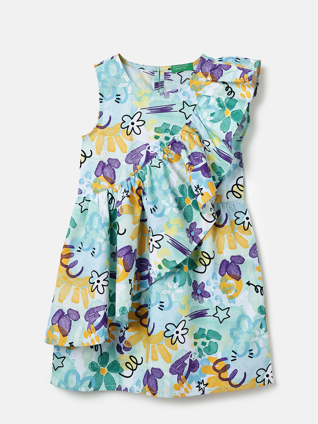 Girls Blue Multi Viscose Hand Draw Print Frill Dress
