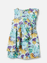 Girls Blue Multi Viscose Hand Draw Print Frill Dress