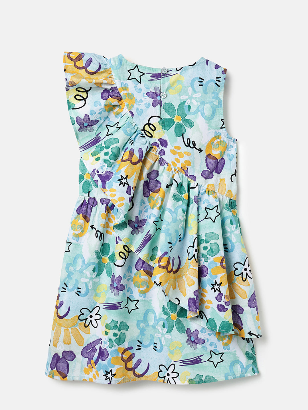 Girls Blue Multi Viscose Hand Draw Print Frill Dress