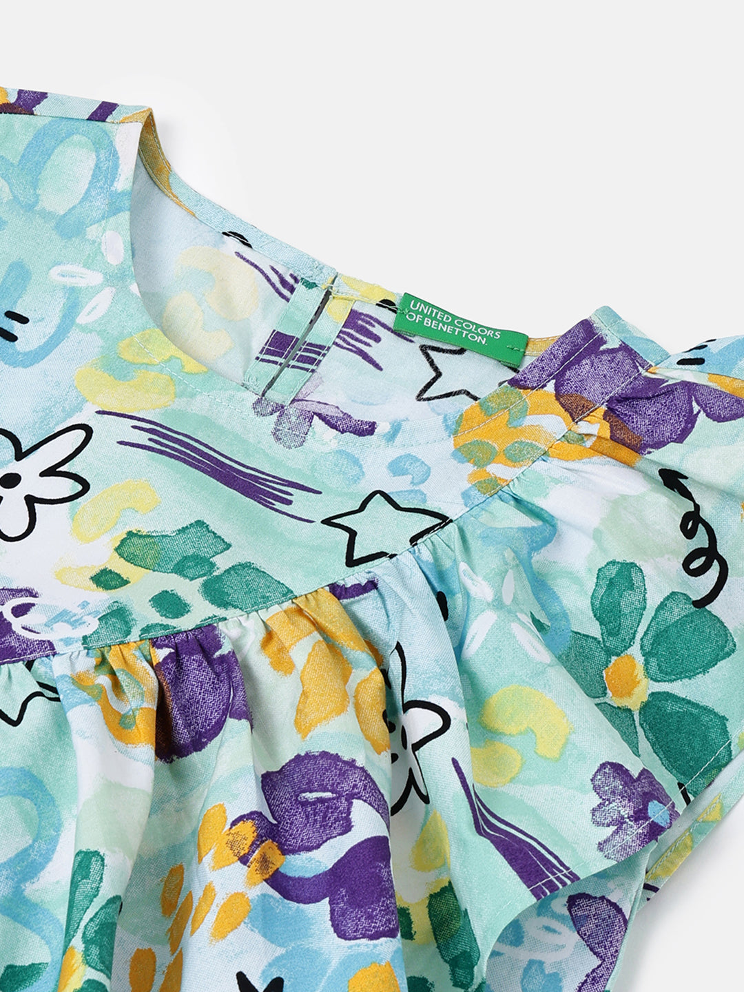 Girls Blue Multi Viscose Hand Draw Print Frill Dress