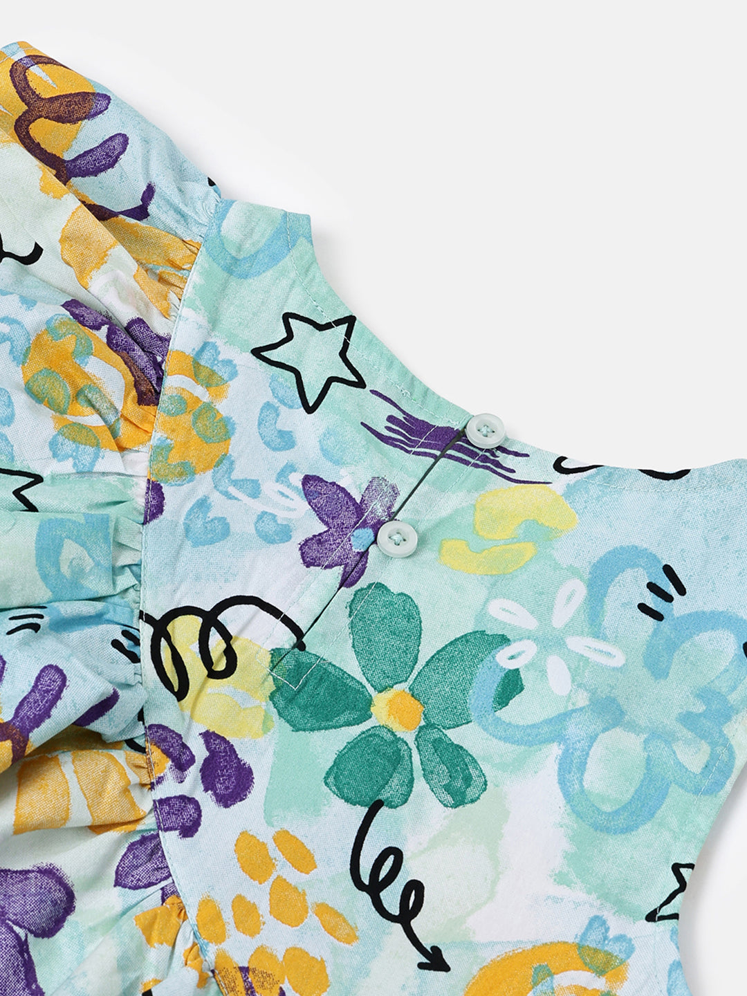 Girls Blue Multi Viscose Hand Draw Print Frill Dress