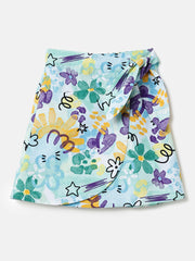Girls Blue Multi Hand Draw Print Frill Skort