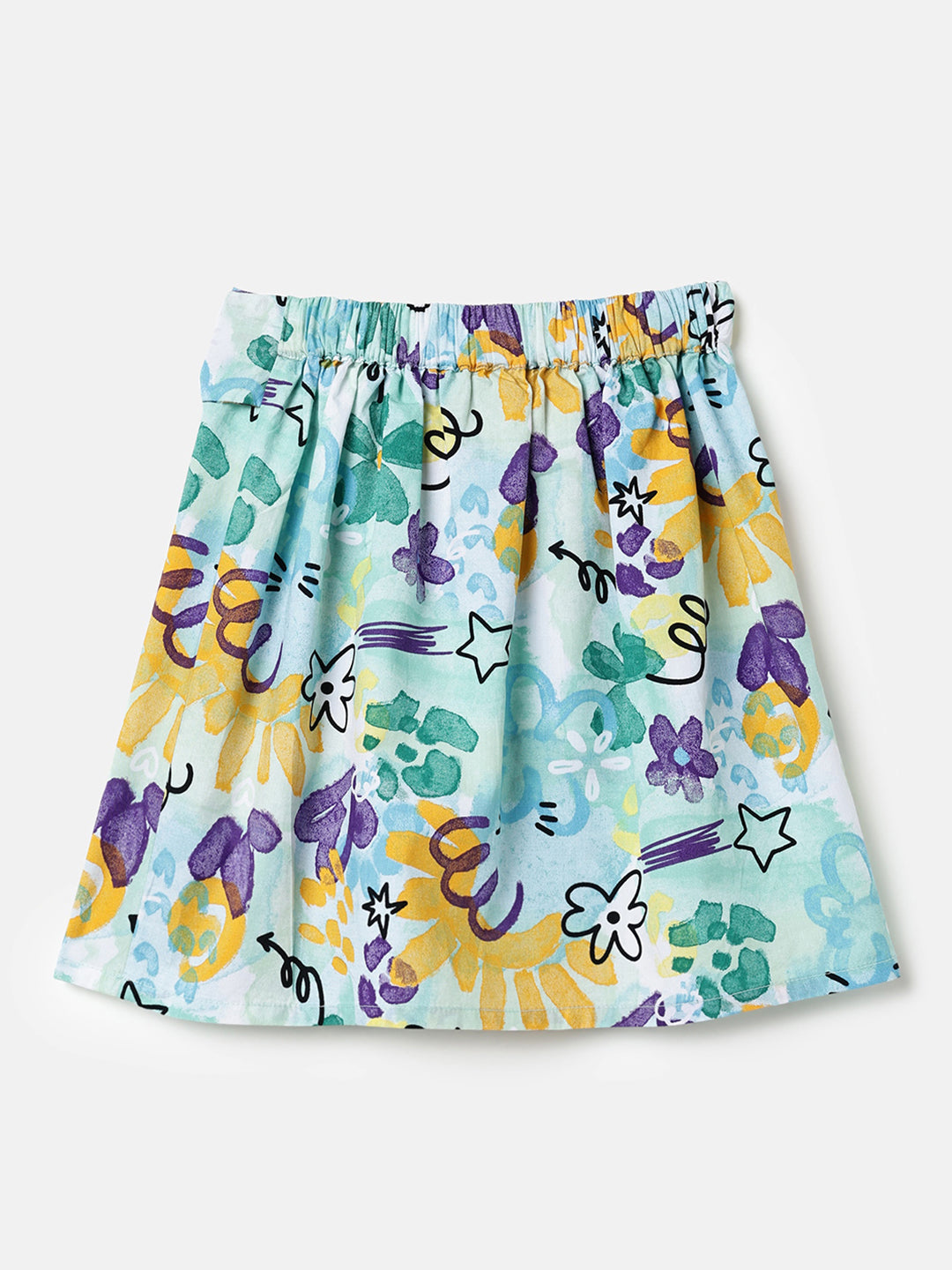 Girls Blue Multi Hand Draw Print Frill Skort