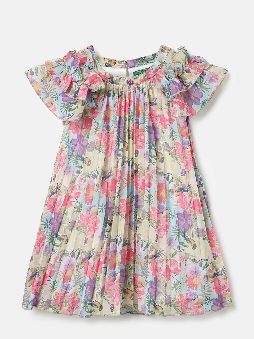 Girls Multi Floral Pleated Polyester Dress