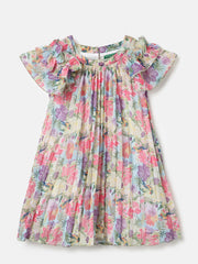 Girls Multi Floral Pleated Polyester Dress