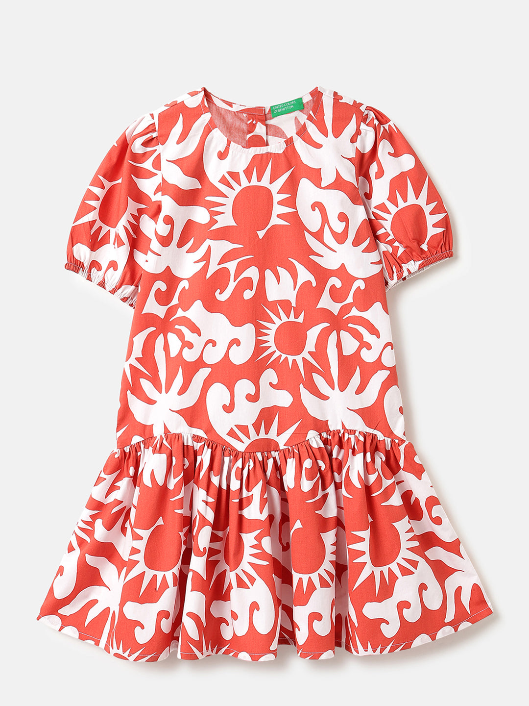 Girls Rust Cotton Abstract Print Curved Hem Dress