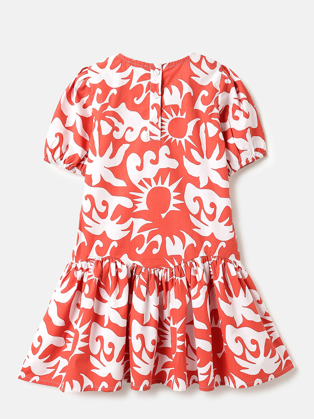 Girls Rust Cotton Abstract Print Curved Hem Dress