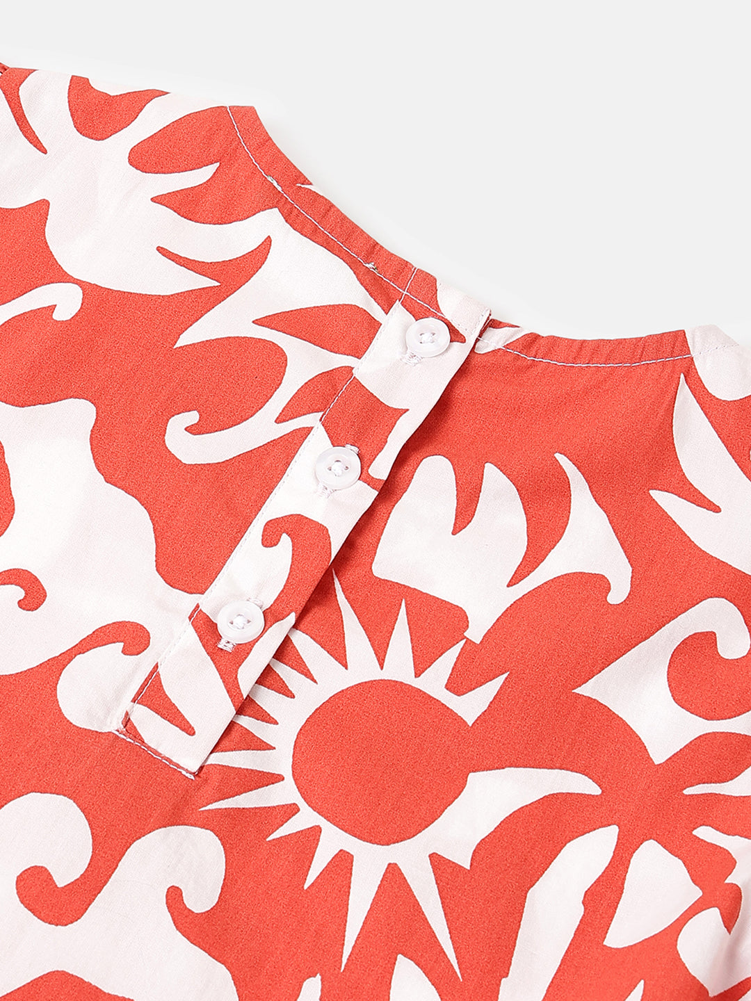 Girls Rust Cotton Abstract Print Curved Hem Dress