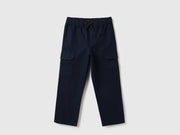 Boys Navy Cotton Slub Cargo Pants – Loose Fit