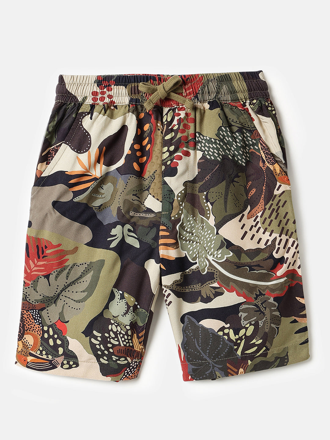 Boys Olive Jungle Print Regular Fit Viscose Shorts