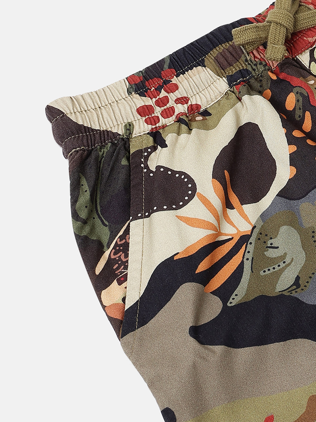 Boys Olive Jungle Print Regular Fit Viscose Shorts