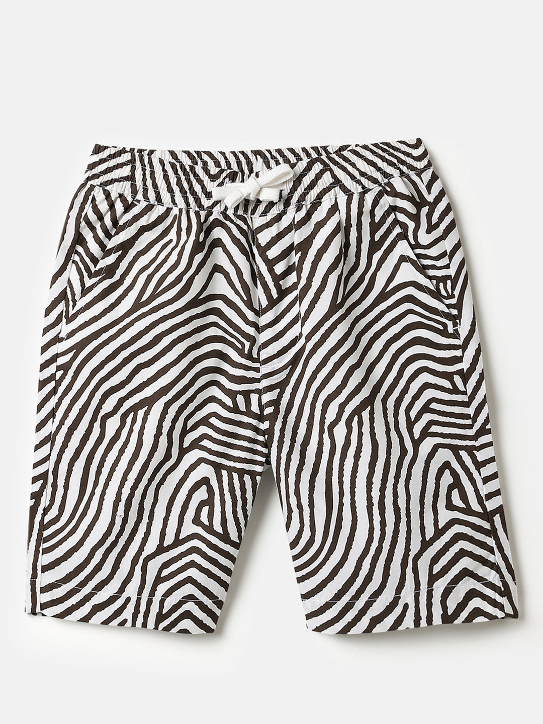 Boys White Brown Earthy Geo Print Regular Fit Cotton Shorts