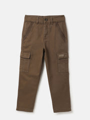 Boys Brown Cotton Straight Fit Cargo Pocket Twill Pants