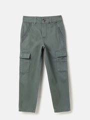 Boys Olive Cotton Straight Fit Cargo Pocket Twill Pants