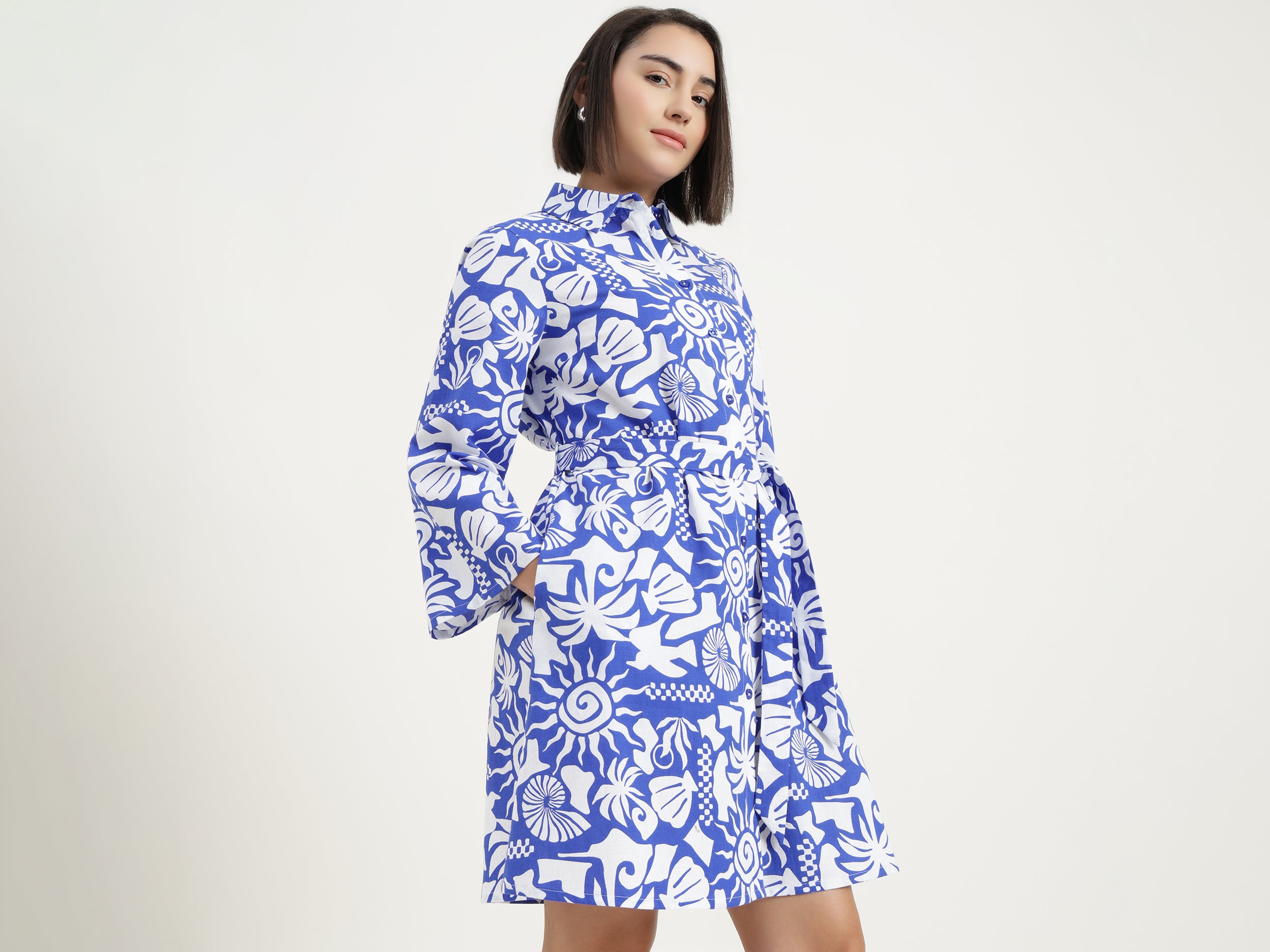 Girls Blue Multi Hand Draw Print Frill Top