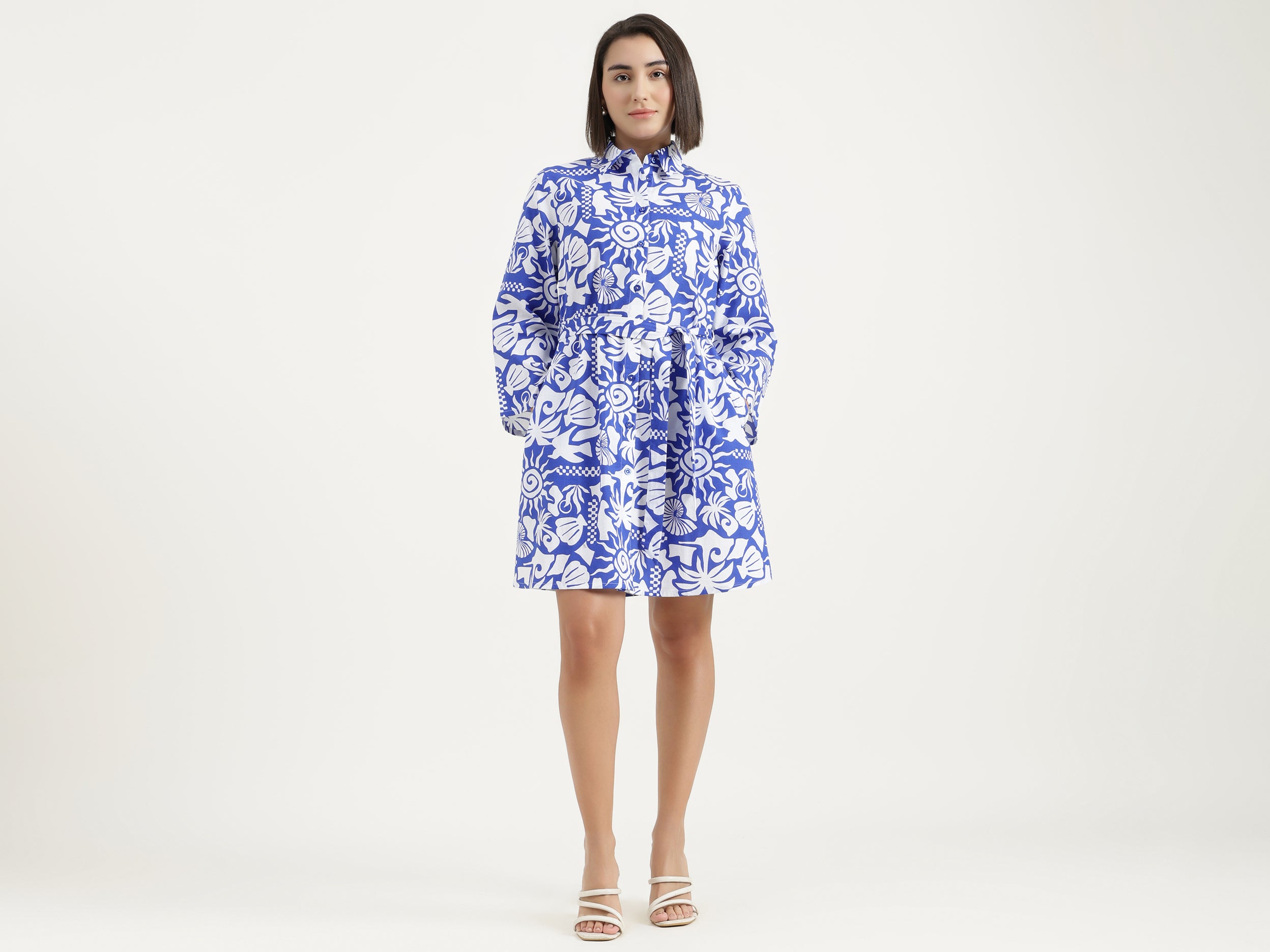 Girls Blue Multi Hand Draw Print Frill Top