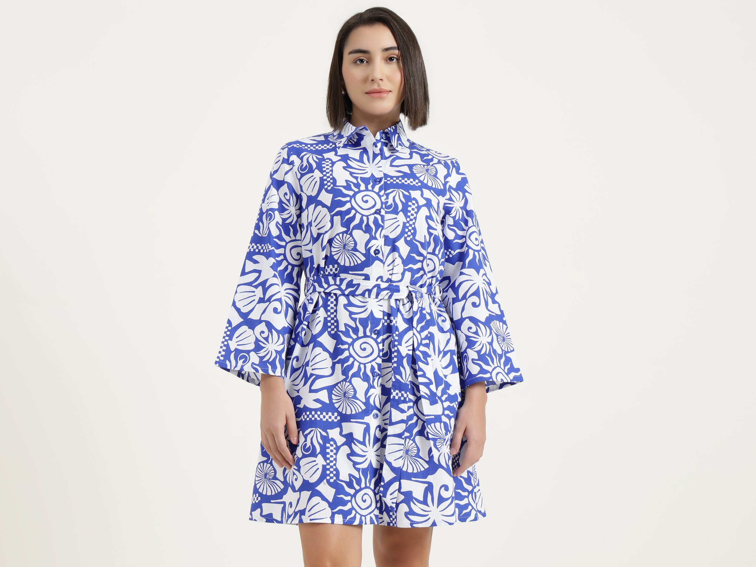 Girls Blue Multi Hand Draw Print Frill Top