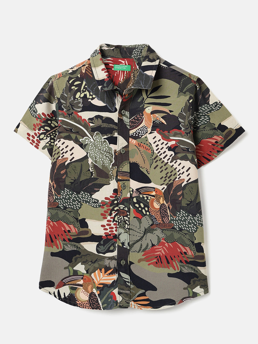 Boys Olive Jungle Print Viscose Regular Fit Casual Shirt