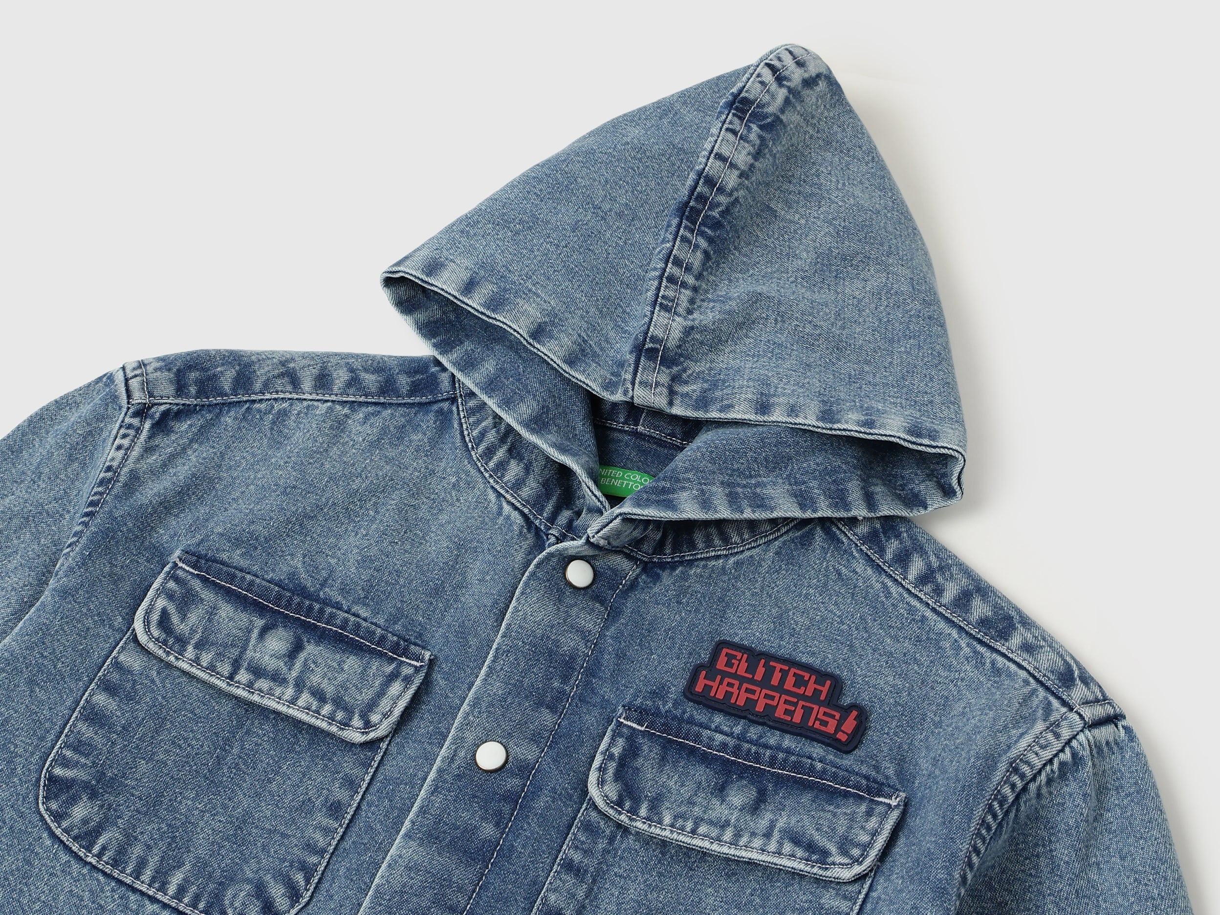 Boys Light Wash Cotton Boxy Fit Hooded Denim Shirt