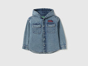 Boys Light Wash Cotton Boxy Fit Hooded Denim Shirt