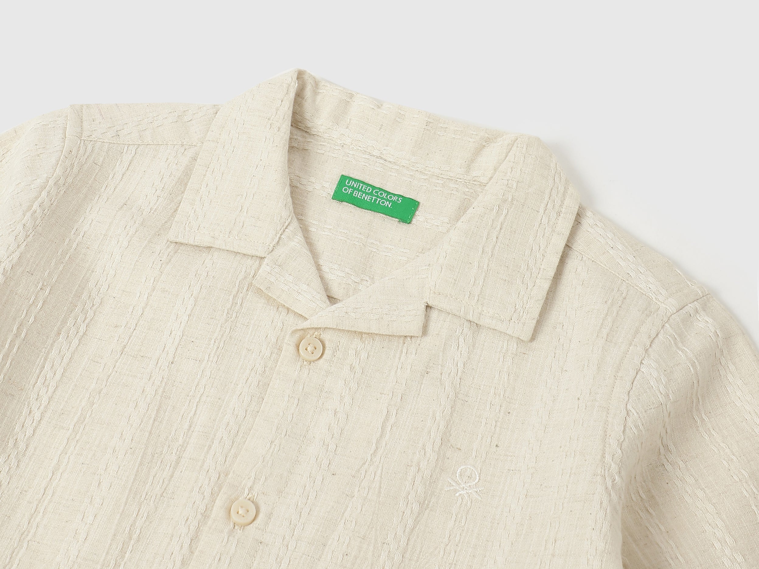 Boys Beige Cotton Linen Dobby Stripe Casual Shirt
