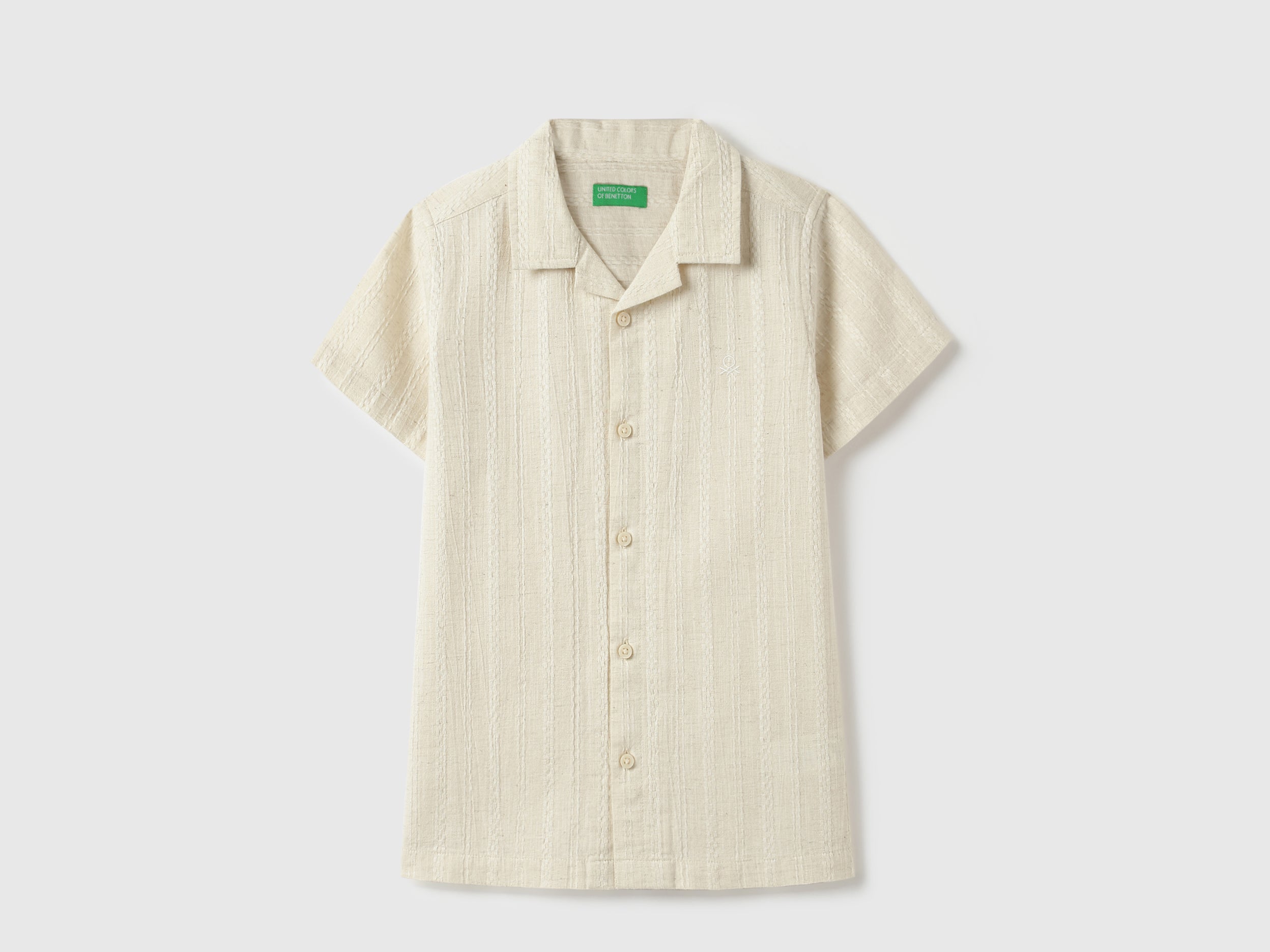 Boys Beige Cotton Linen Dobby Stripe Casual Shirt
