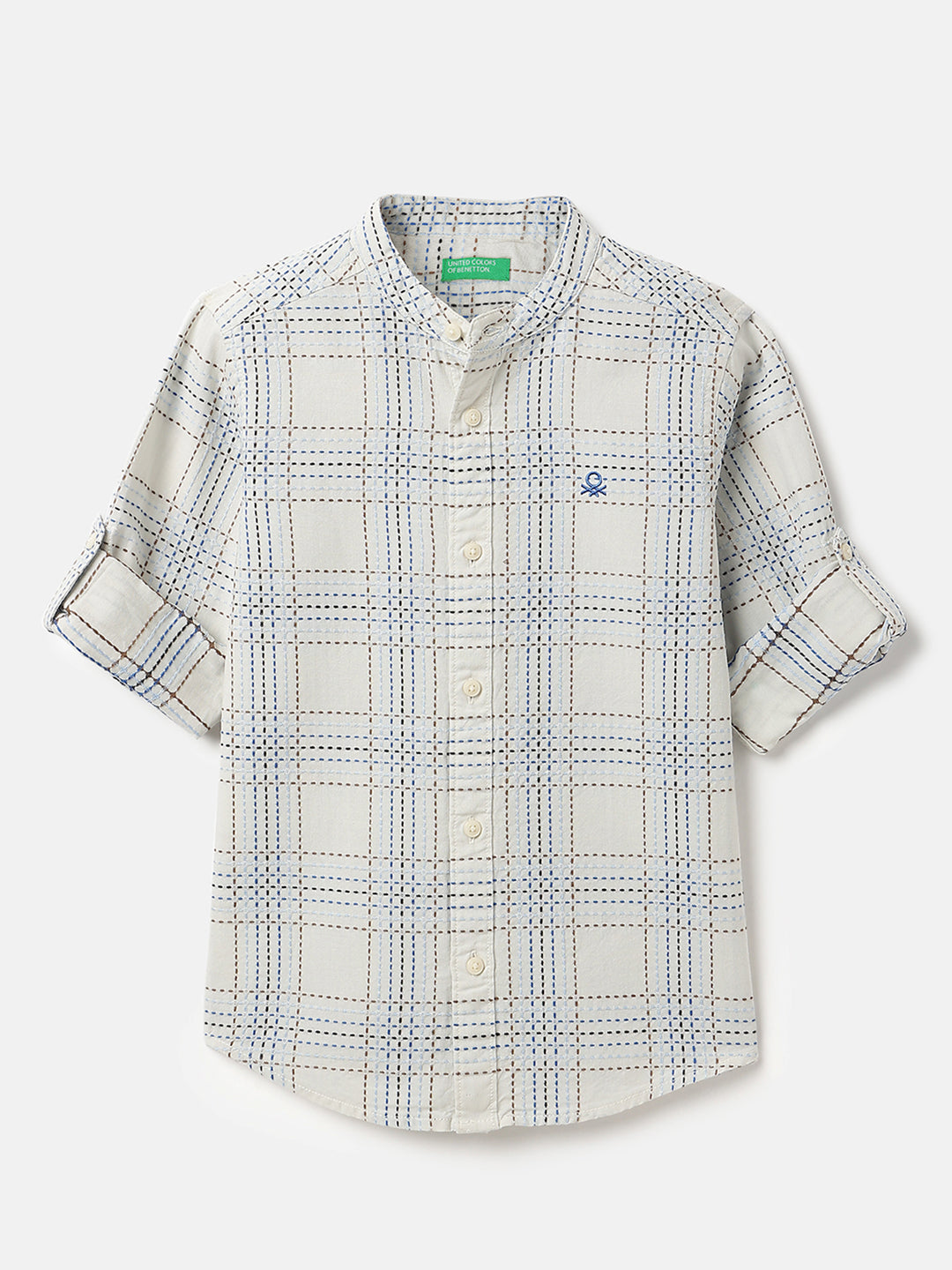 Boys Off White Check Cotton Shirt with Embroidery