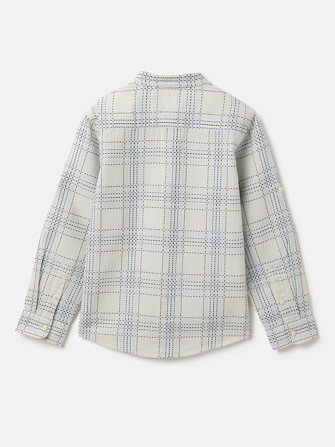 Boys Off White Check Cotton Shirt with Embroidery