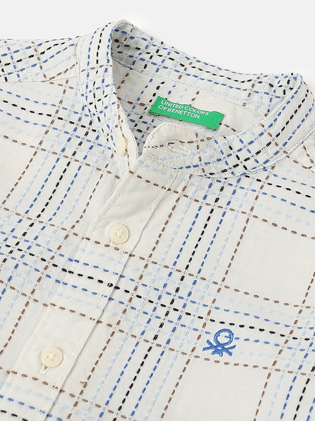 Boys Off White Check Cotton Shirt with Embroidery