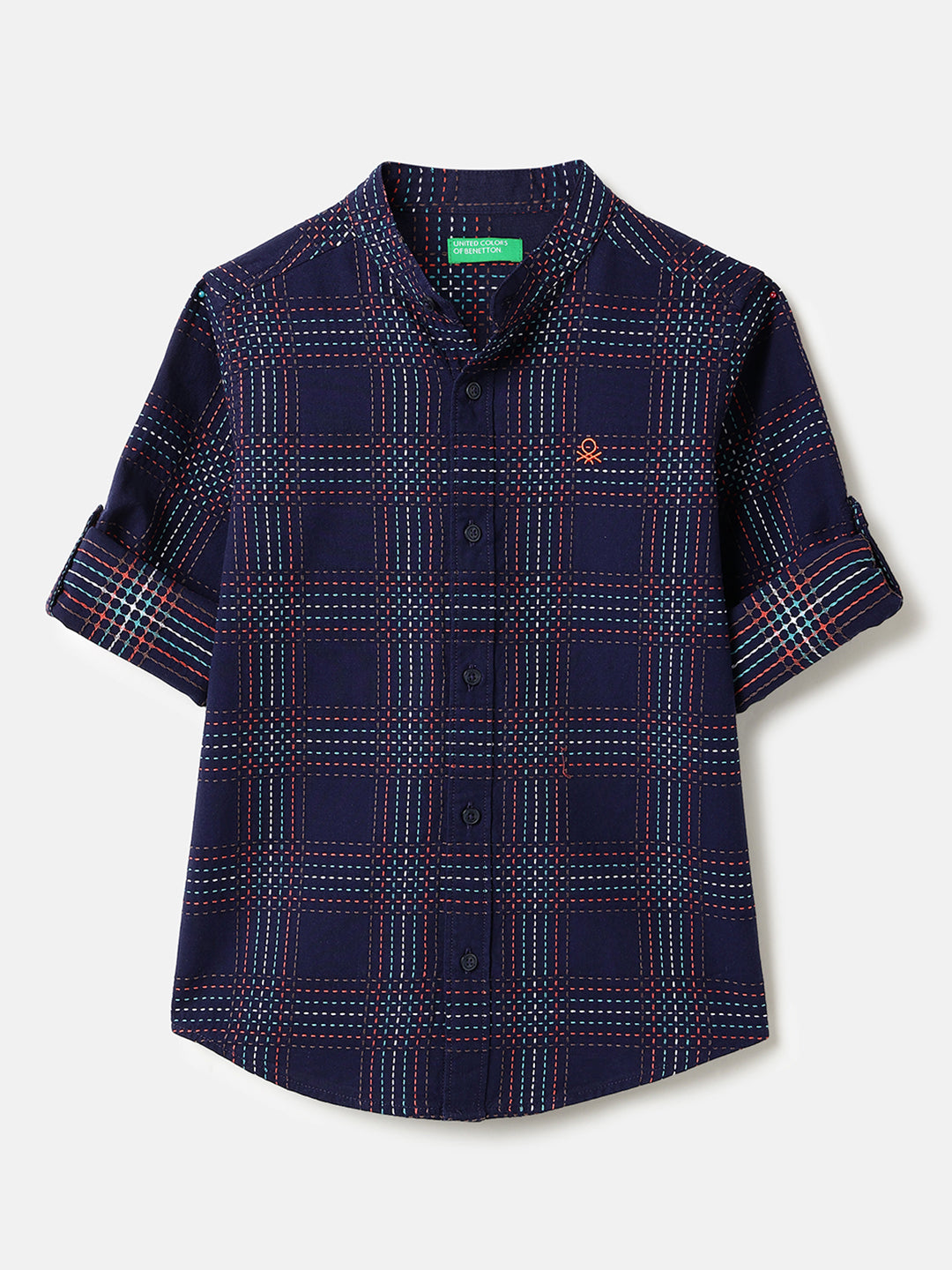 Boys Cotton Embroidered Check Mandarin Collar Shirt