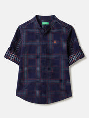 Boys Cotton Embroidered Check Mandarin Collar Shirt