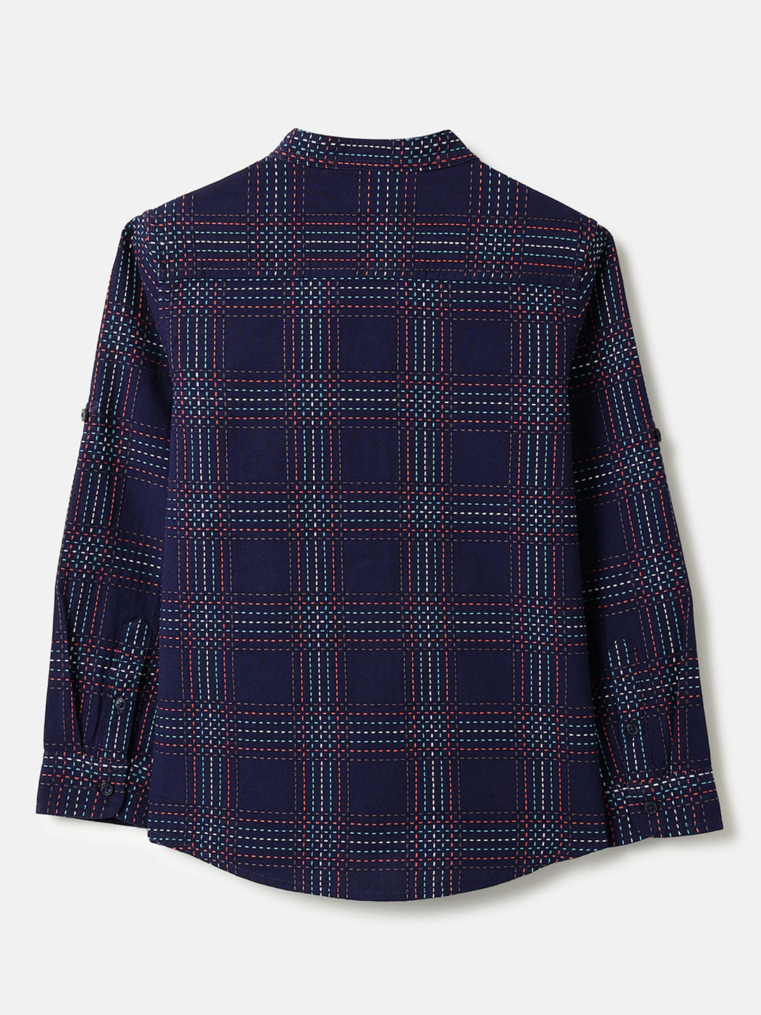 Boys Cotton Embroidered Check Mandarin Collar Shirt