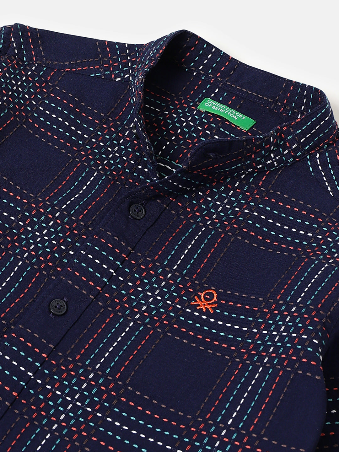 Boys Cotton Embroidered Check Mandarin Collar Shirt