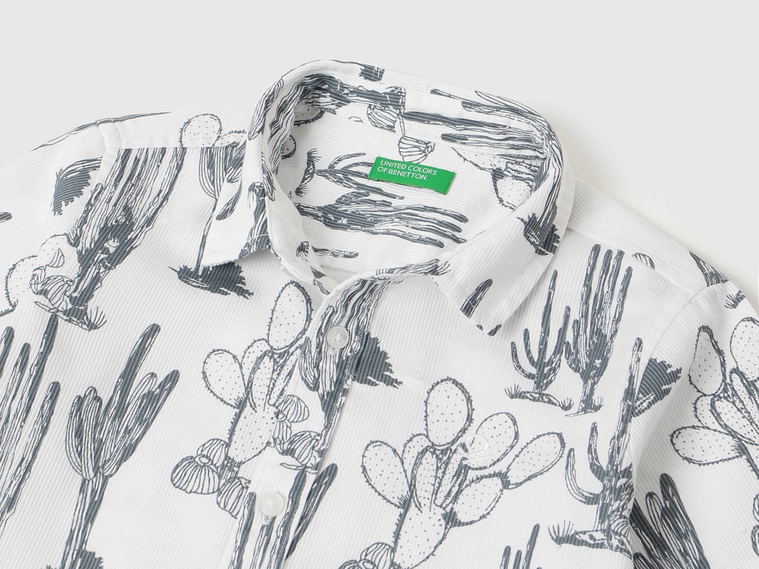 Boys White Cotton Cactus Print Regular Fit Casual Shirt