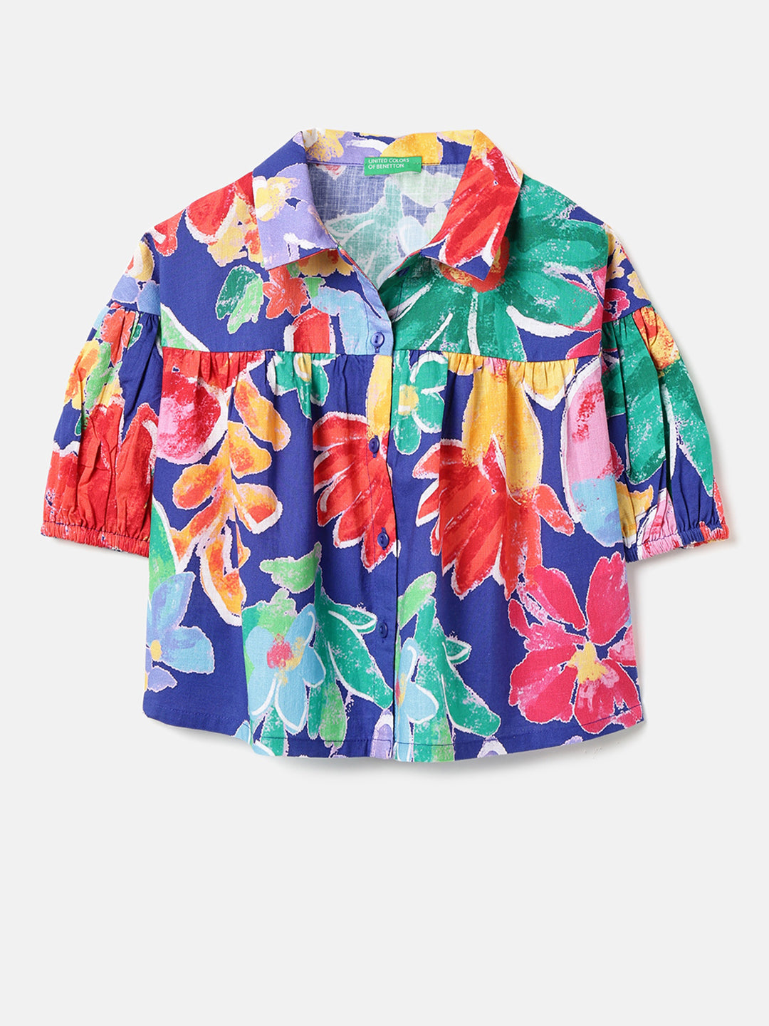 Girls Purple Floral Cotton Slub Shirt Regular Fit