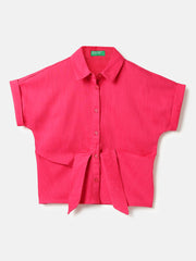 Girls Red Cotton Front Knot Regular Fit Shirt Top