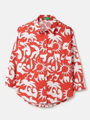 Girls Rust Abstract Beach Print Cotton Shirt