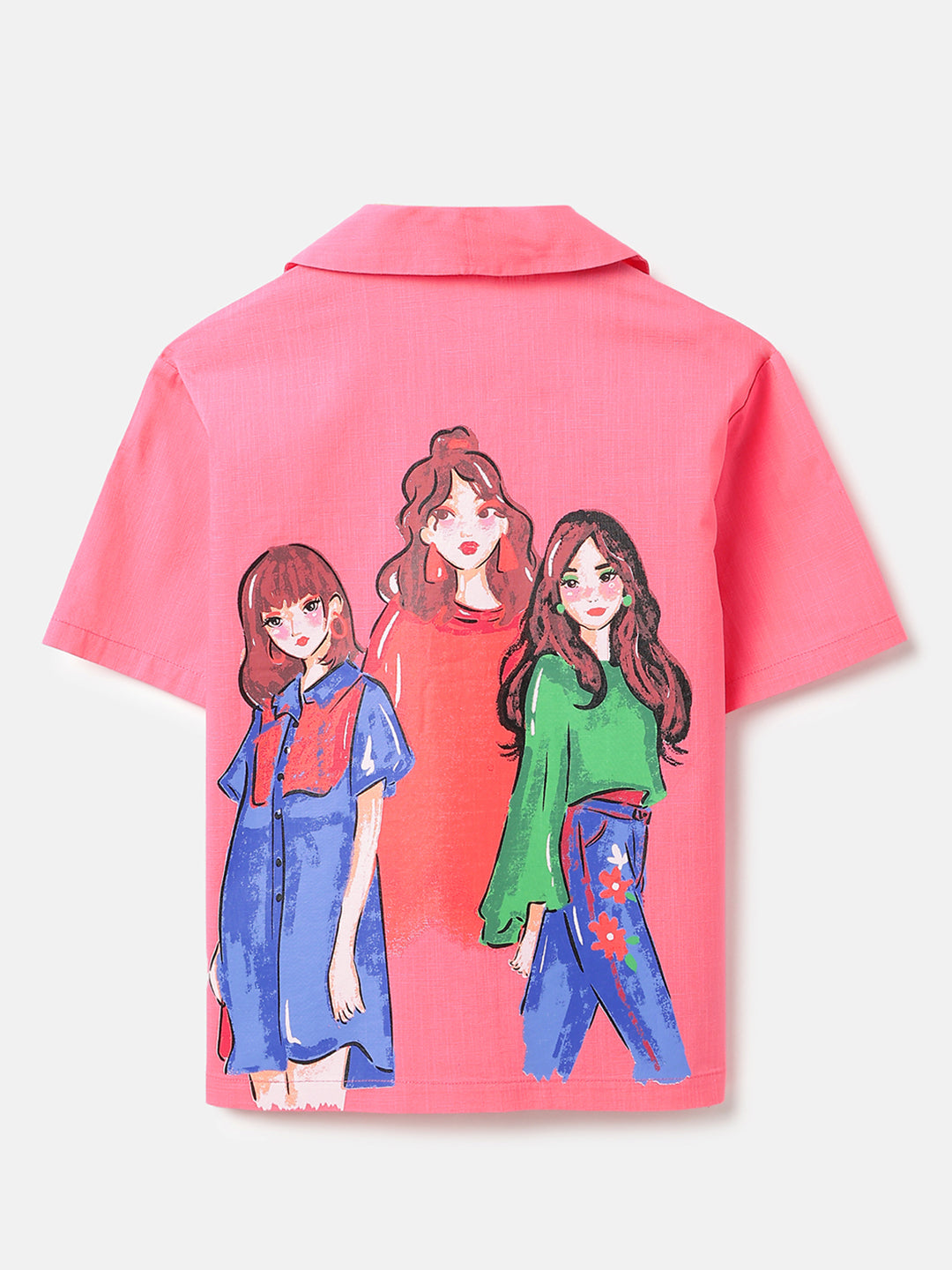 Girls Pink Cotton Slub Collared Boxy Top
