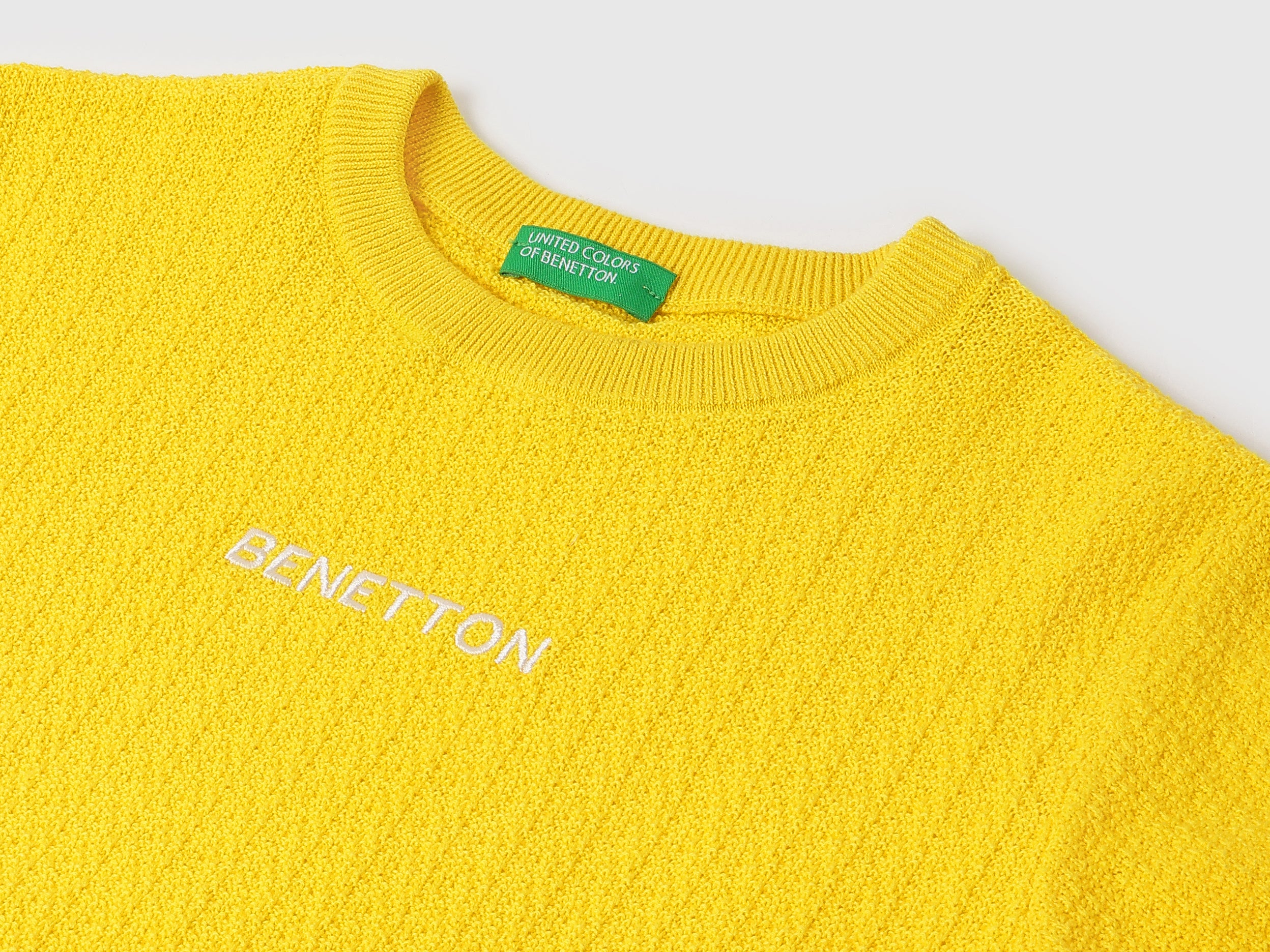 Boys Yellow Boucle Patterned Cotton Boxy T-Shirt with Tipping
