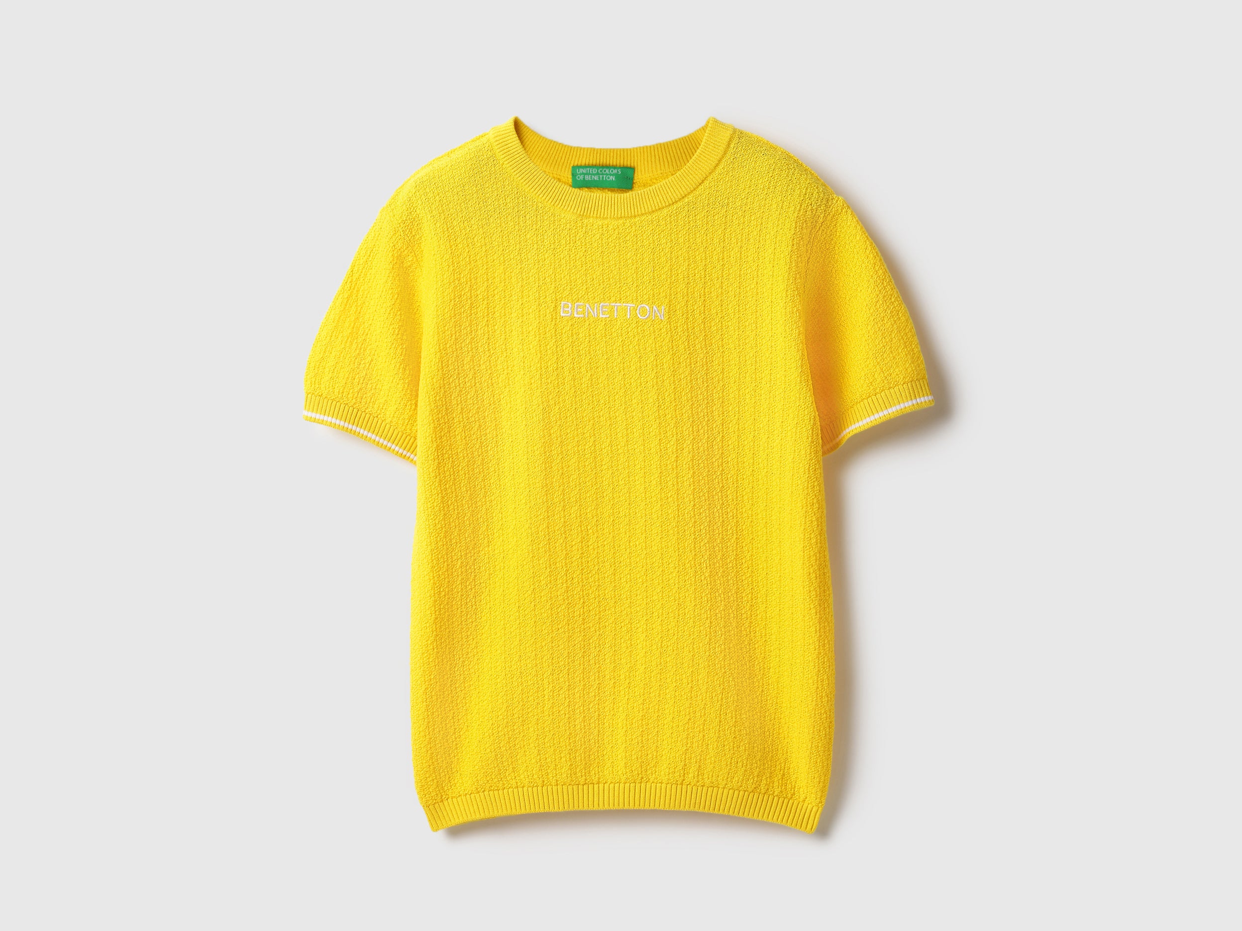 Boys Yellow Boucle Patterned Cotton Boxy T-Shirt with Tipping