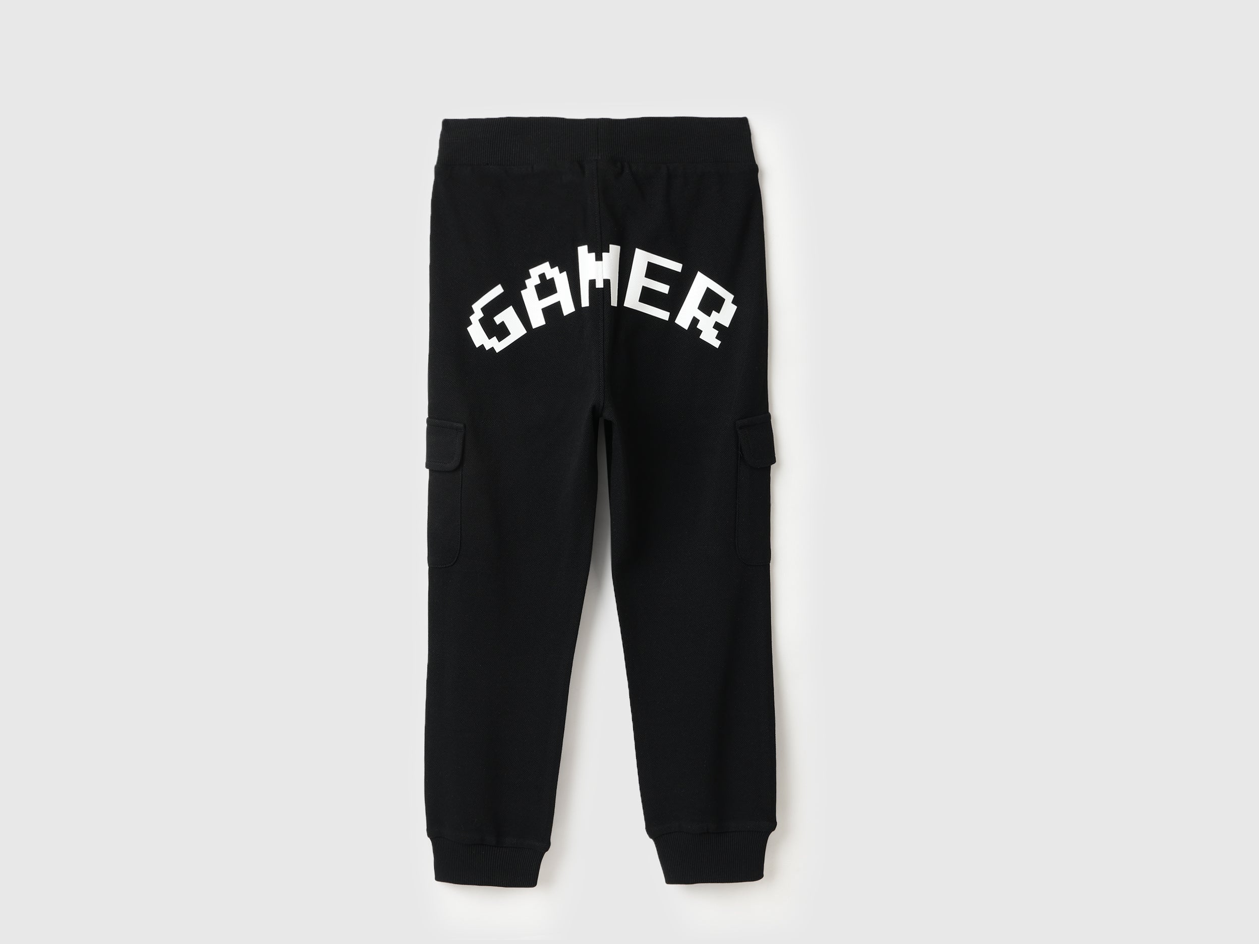 Boys Black Cotton Cargo Trackpants with Back Print