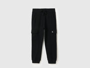 Boys Black Cotton Cargo Trackpants with Back Print