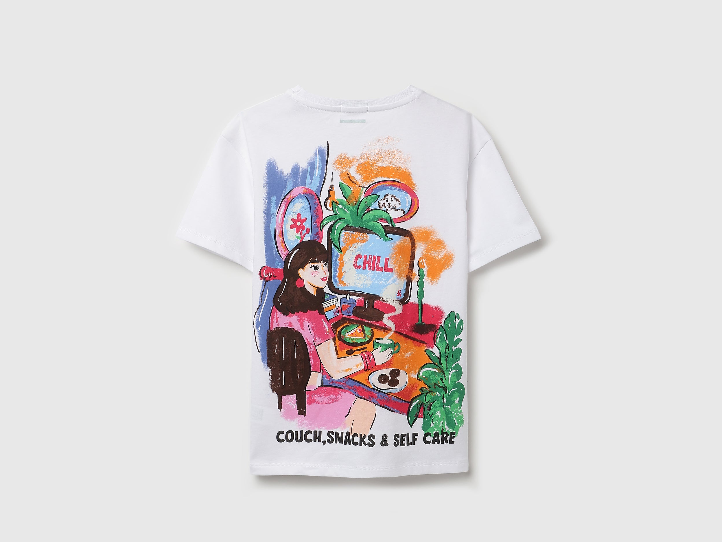 Girls White Cotton Longline Graphic Tee