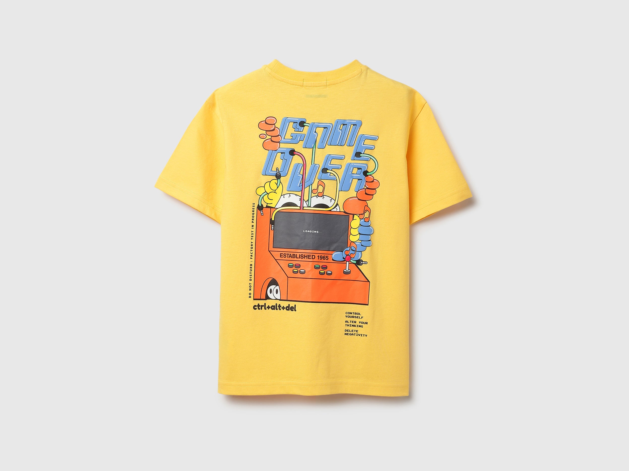 Boys Sun Yellow Cotton Relaxed Fit Game Over Back Print T-Shirt