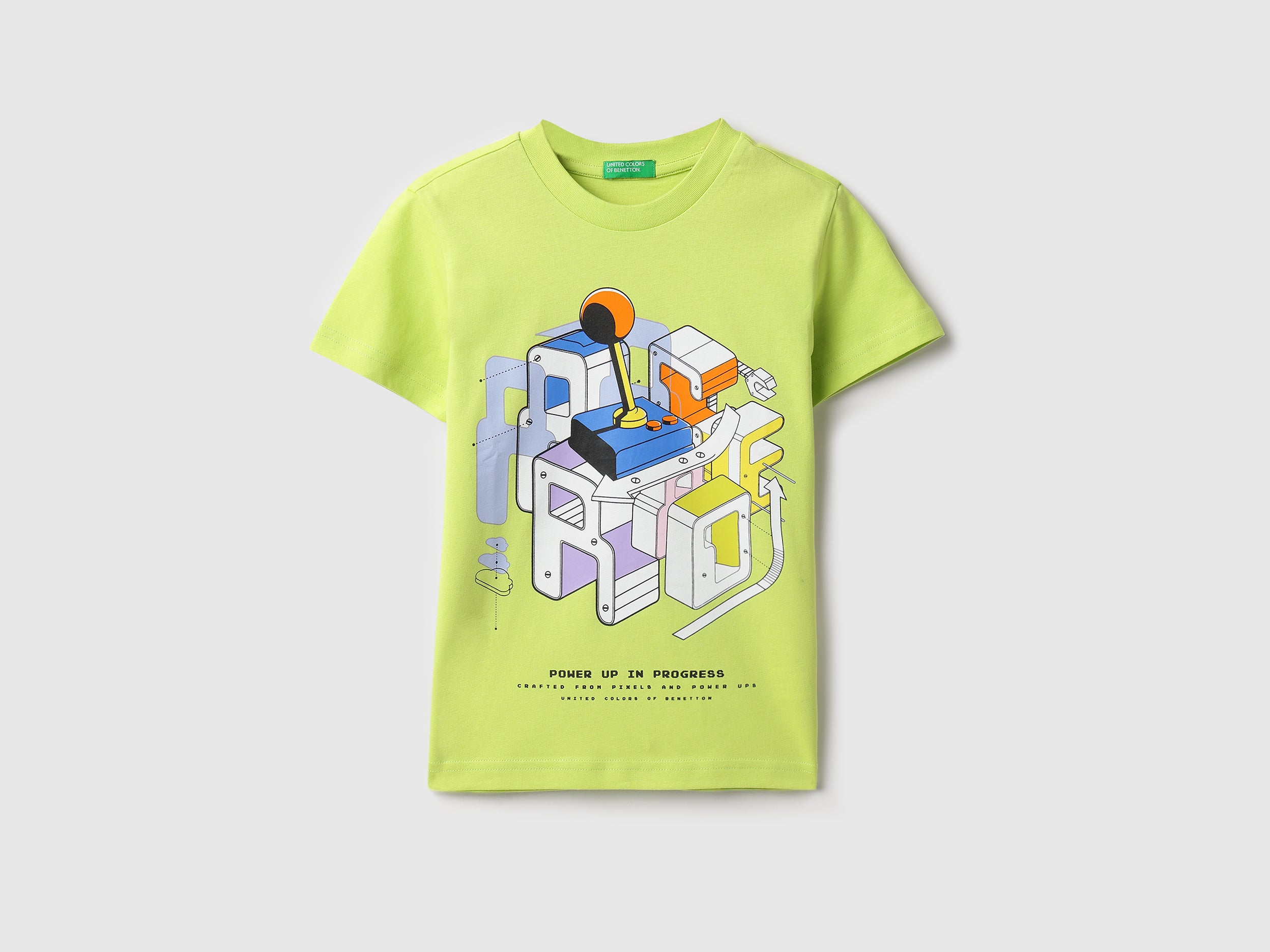Boys Parrot Green Cotton Regular Fit Arcade Front Print T-Shirt