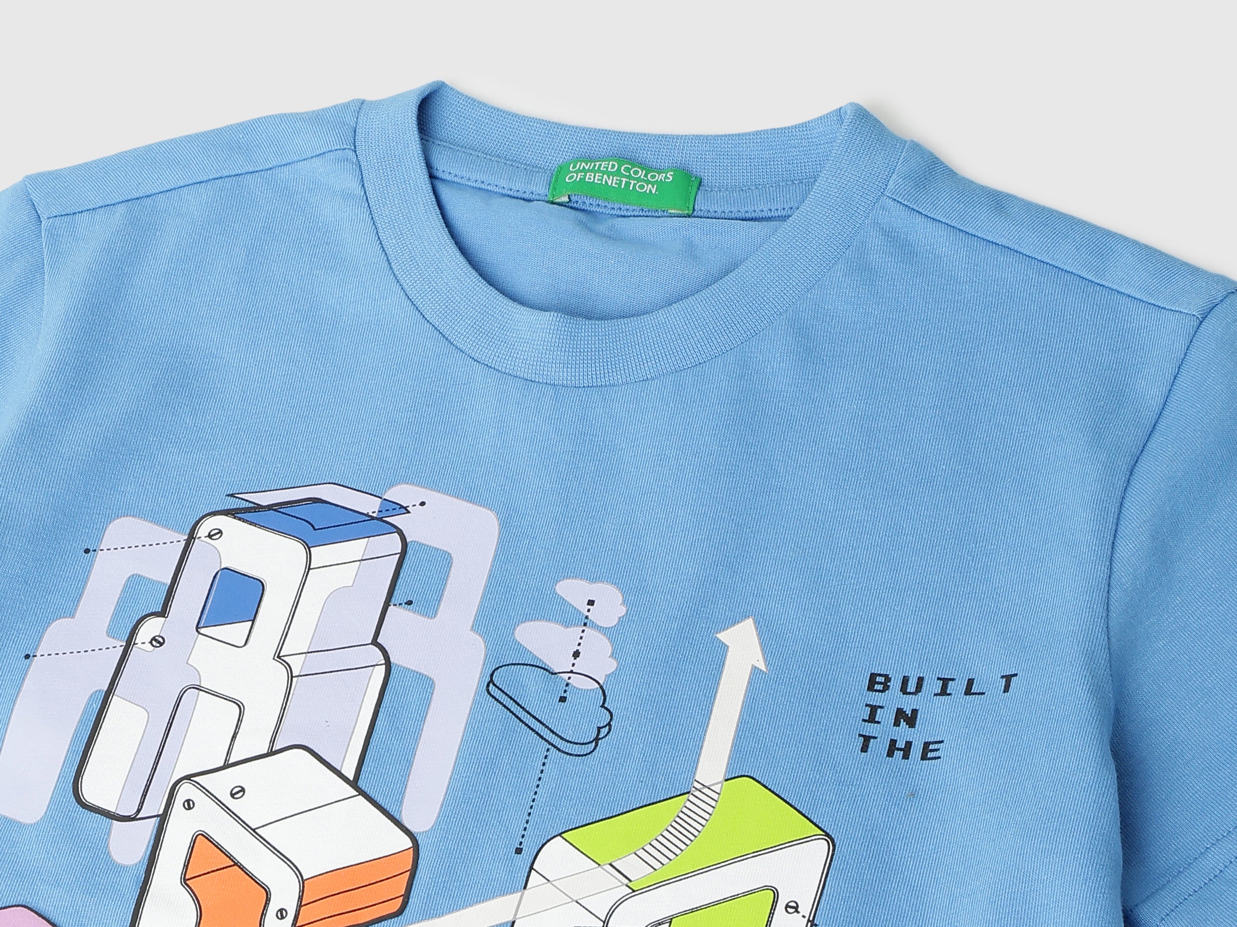 Boys Fresh Blue Cotton Regular Fit Arcade Front Print T-Shirt