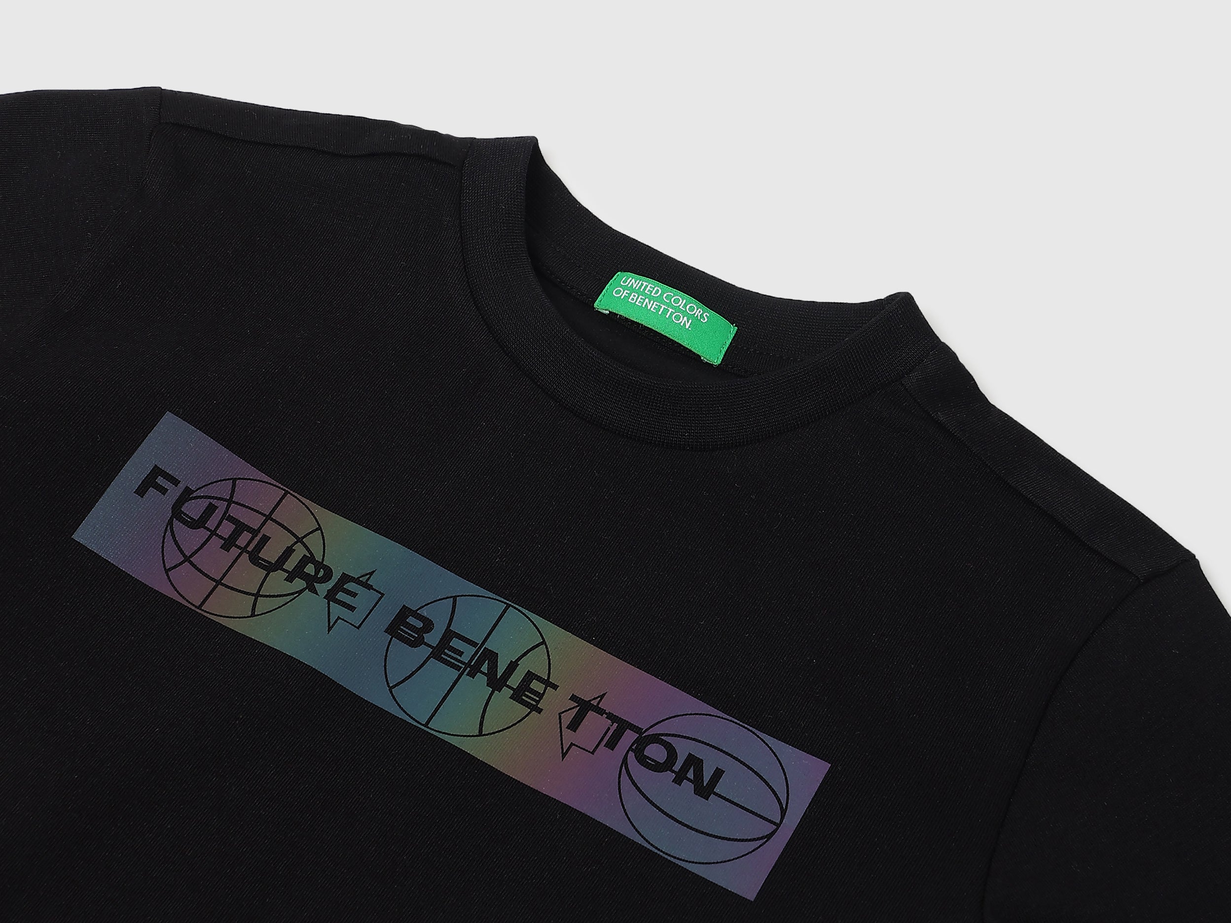 Boys Black Cotton Holographic Print T Shirt