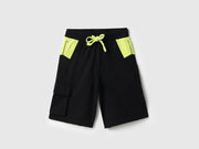 Boys Black Color Block Cargo Cotton Shorts