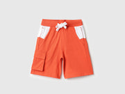 Boys Orange Color Block Cargo Cotton Shorts